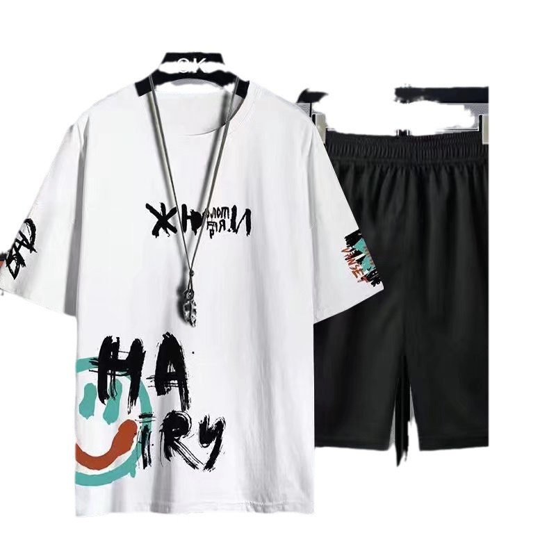 Men's sports casual suit summer ice silk thin fashion brand trendy summer short sleeve shorts suit men's clothing