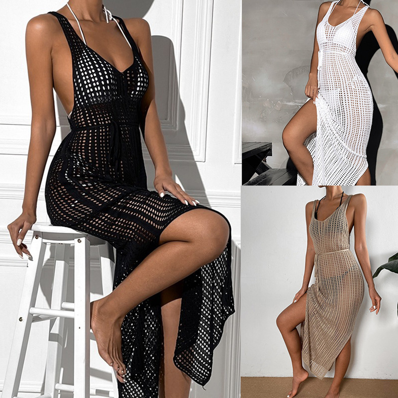 6-color European and American Cross-border Beach Hollow Backless Knitted Jumpsuit Women's Seaside Vacation Bikini Mesh Outer Cover