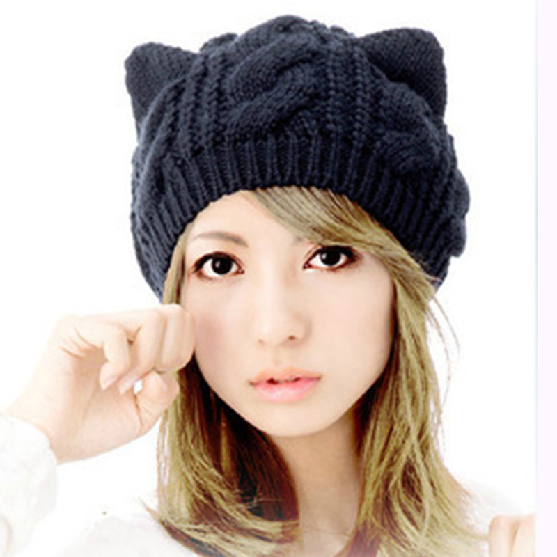 Foreign Trade Autumn and Winter Wool Beret Women's Twist Wool Hat Cat Ear Hat Warm Knitted Hat AliExpress
