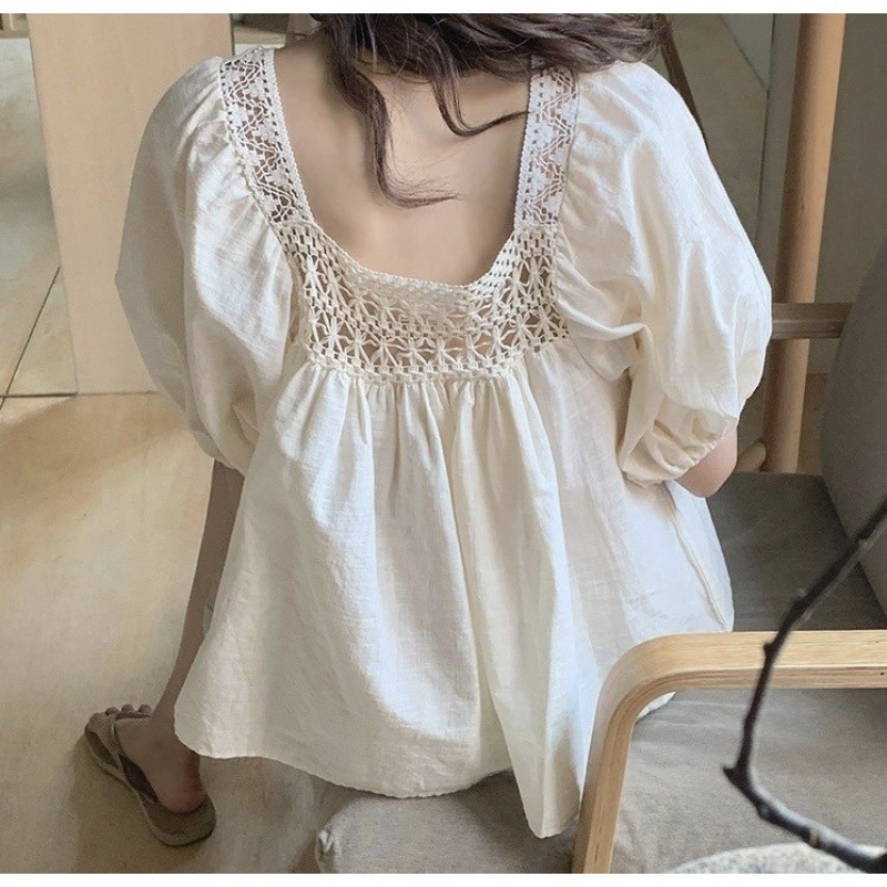 Korean chic Salt Age-reducing Hook Flower Hollow Collarbone Square Collar Doll Shirt Women's Summer New Loose Top