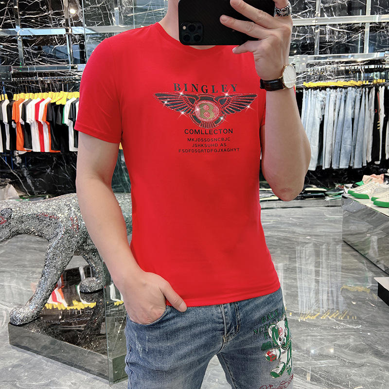 European station fashion summer new fashion brand men's mercerized cotton letter hot drilling short sleeve slim T-shirt men's fashion European goods