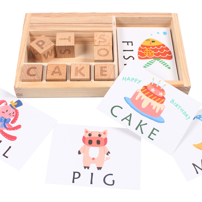 Wooden spelling English card matching building blocks puzzle children's Enlightenment early education English learning cognitive toys
