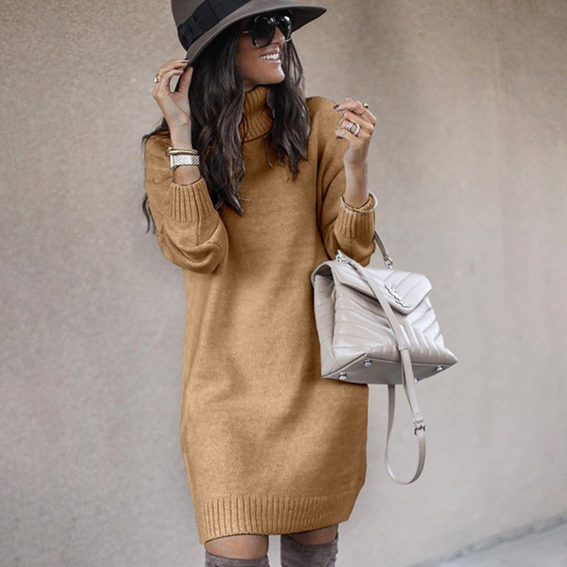 2021 European and American Sweater Amazon wish Women's Mid-length High Collar Top Knitted Sweater Coat Cross-border Women's Wear