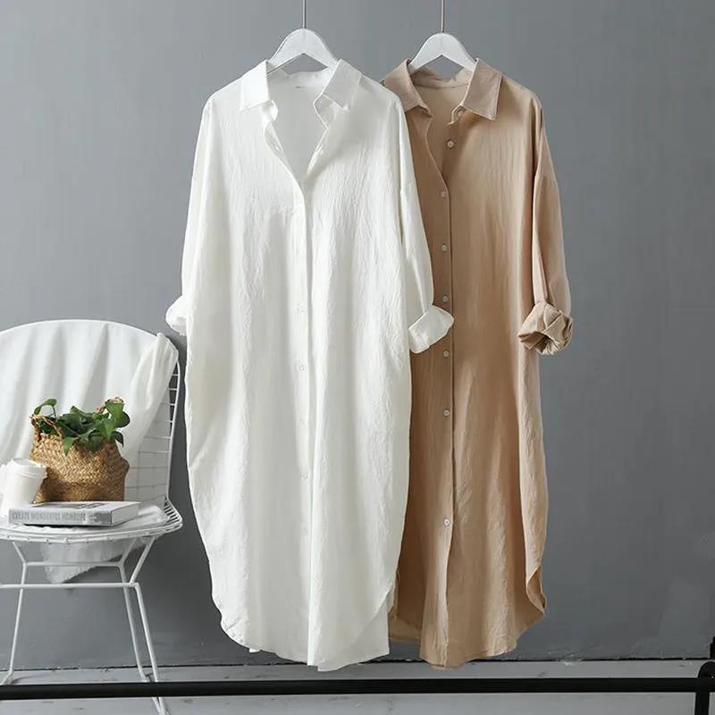 Cotton and linen sun-proof white shirt Women's outer wear 2023 autumn new versatile loose casual top mid-length shirt dress