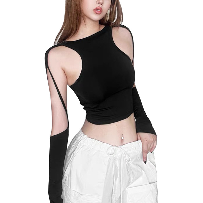 Foreign trade new nude long sleeve women's hollow slimming irregular design moisture wicking skin-friendly fabric with chest pad