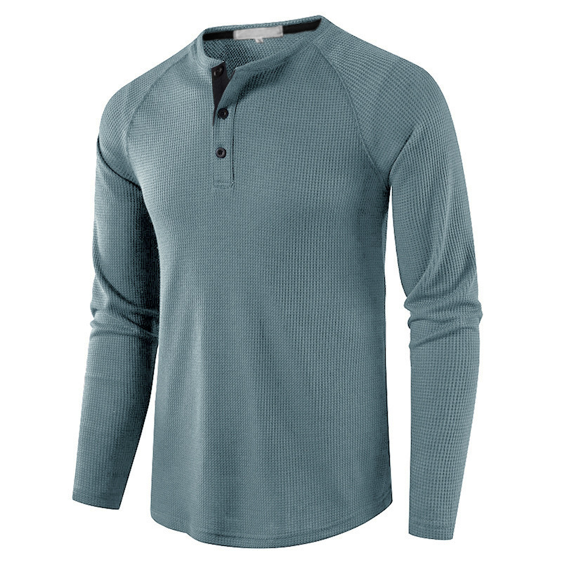 2023 Autumn and Winter Cross-border Foreign Trade Men's Solid Color Waffle Henry Shirt European and American Men's Wear Long Sleeve T-shirt Wholesale