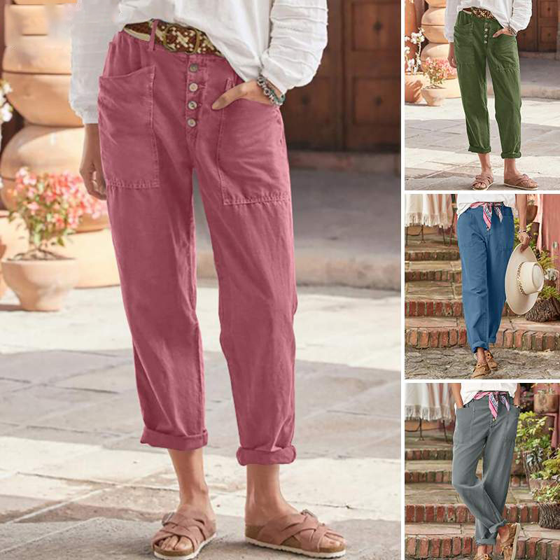 2023 foreign trade new casual pants independent station cross-border Amazon wish breasted cotton linen loose casual pants