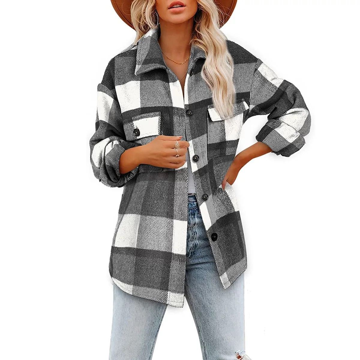 European and American Foreign Trade New Amazon Explosive Women's Wool Plaid Shirt Flannel Loose Shirt Jacket Coat
