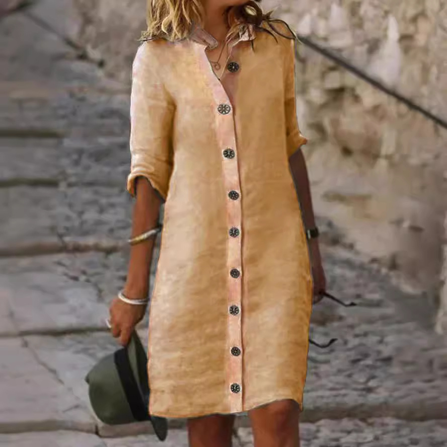 2023 new cross-border foreign trade European and American women's clothing spring and summer shirt collar mid-sleeve large round buckle cotton and linen dress