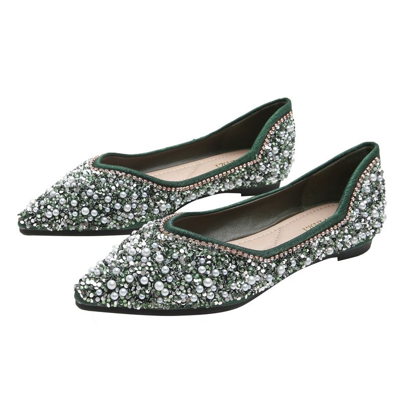 Pointed Shoes Women's 2023 New Spring and Autumn Shallow Mouth Rhinestone Pearl Soft Bottom Ladyshoes Flat Large Size 41-43 Boat Shoes