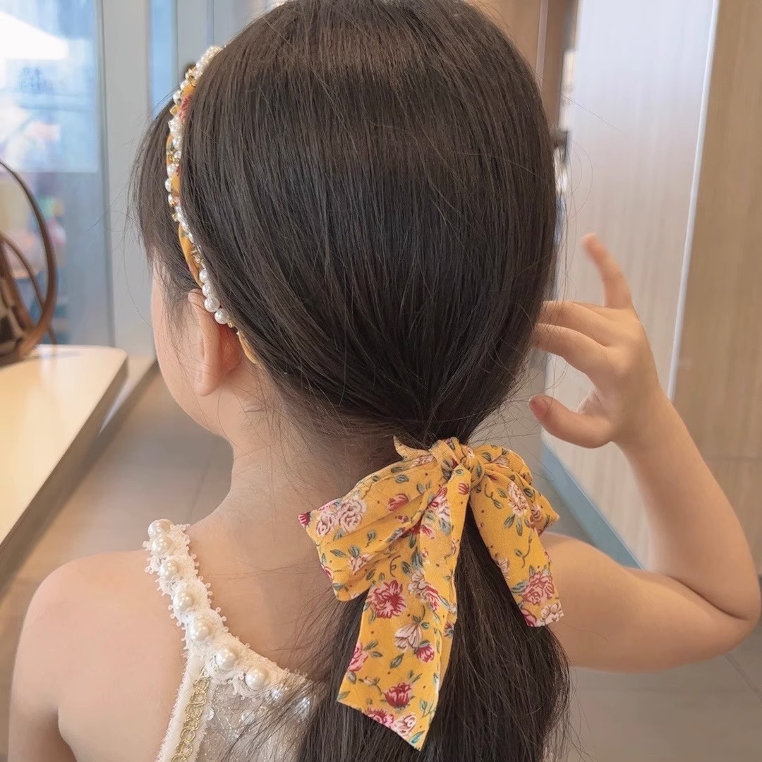 Children's braided hair scarf floral ribbon hair band integrated hair rope girl's pearl headband ponytail hair tie hair rope summer