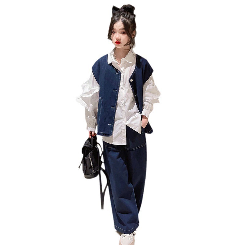 Girls' suit 2024 Spring and Autumn New Children's Internet Popular Foreign Style Fashionable Loose Denim Vest Shirt Three-Piece Set