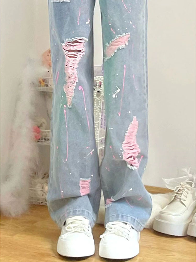 High waist retro design wide leg Denim pants 2023 spring and summer new hot girl ripped straight pants