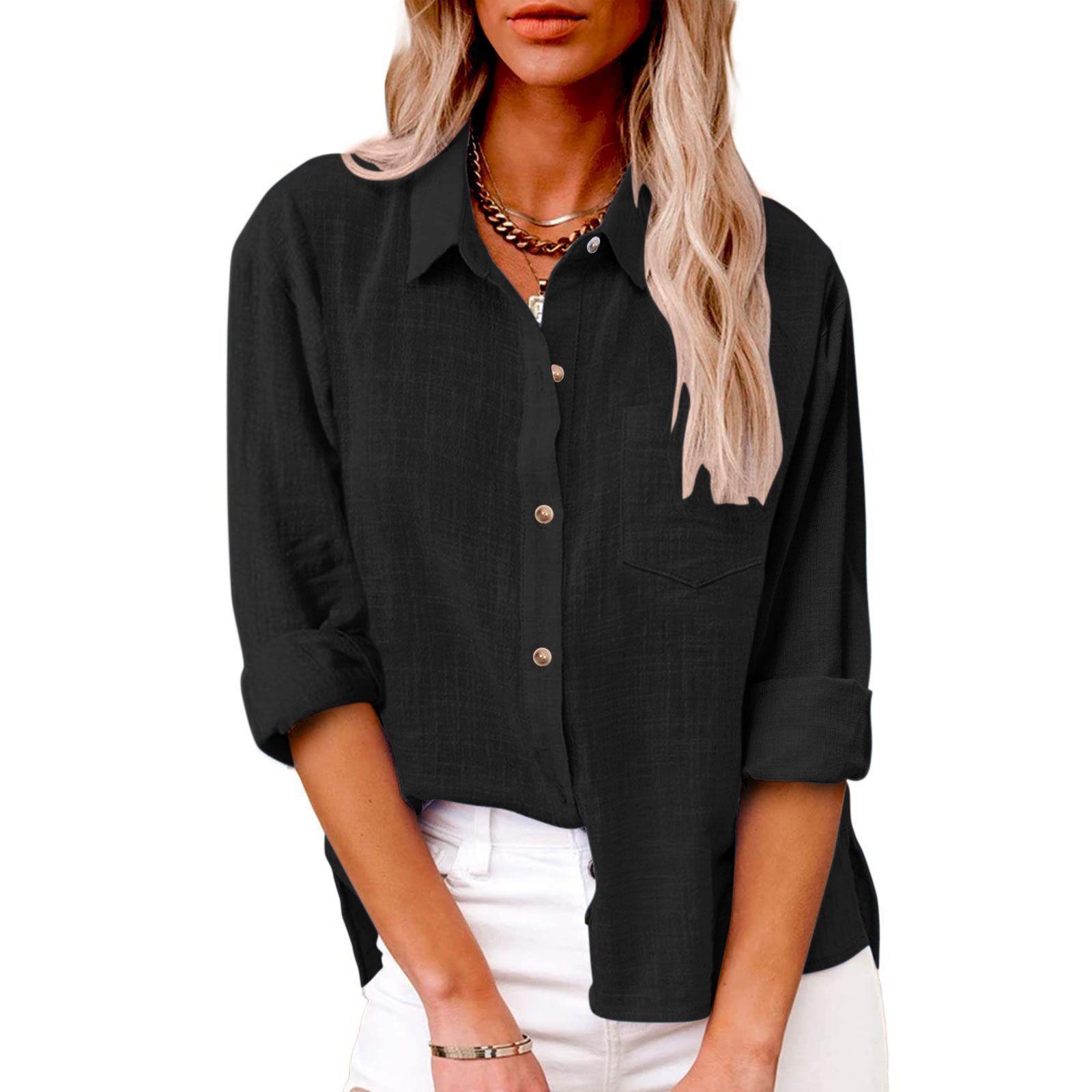 2024 women's clothing Autumn New pocket split cotton and linen long sleeve shirt
