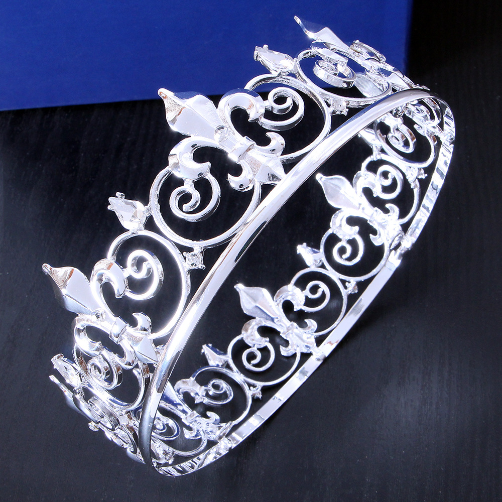 European and American Classic King Hair Jewelry Baroque Full Round Rhinestone Gold Alloy Men's and Women's Party Ball Crown Headwear