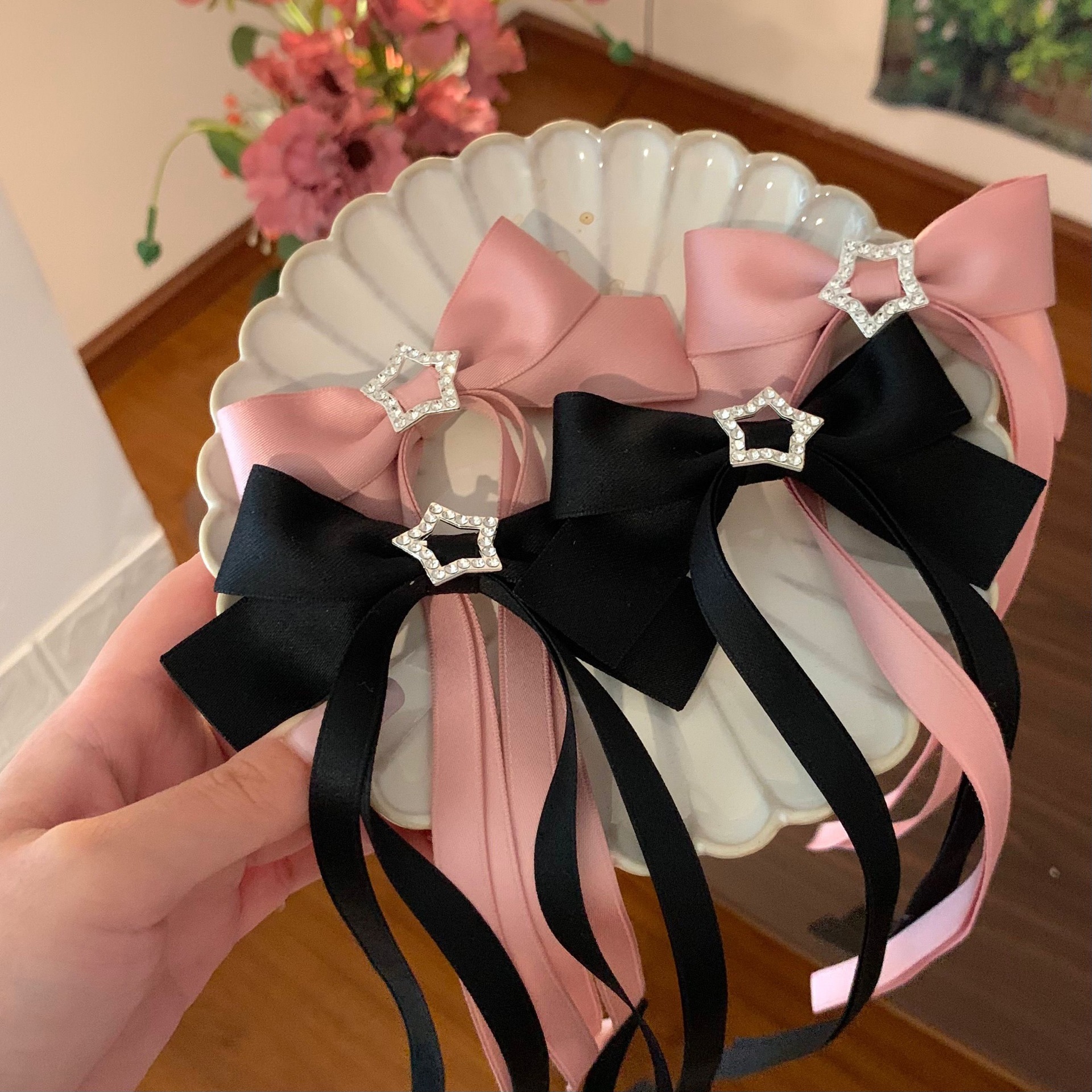 Korean pink ribbon bow hairpin fashion long ribbon High sense five-pointed star hairpin girl hair accessories wholesale