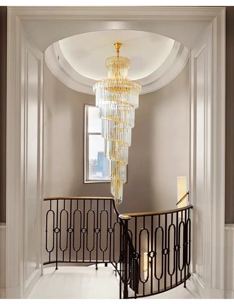 Luxury high-end building within the building, long pendant crystal chandelier, modern minimalist duplex villa stair light, dropshipping one piece