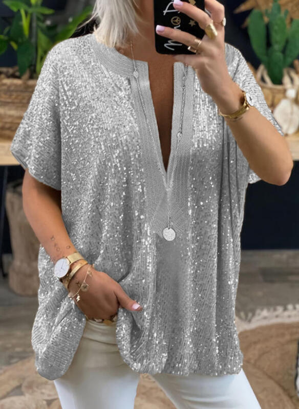 Spot 0312# Amazon Europe and the United States New loose sequins V collar short sleeve casual shirt