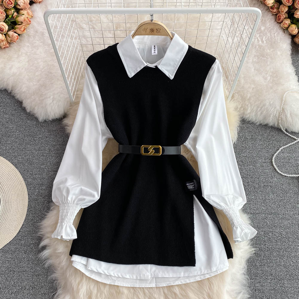 2024 Spring and Autumn Long Sleeve Suit White Shirt Sweater Vest Age-reducing Loose Knitted Vest Shirt Two-piece Set for Women