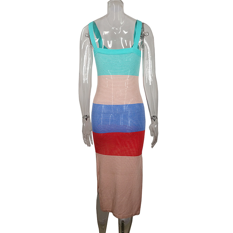 2023 Summer European and American INS Style Sexy Vacation Dress Sleeveless Strap Contrast Color Side Slit Hollow Dress Women's Long Dress