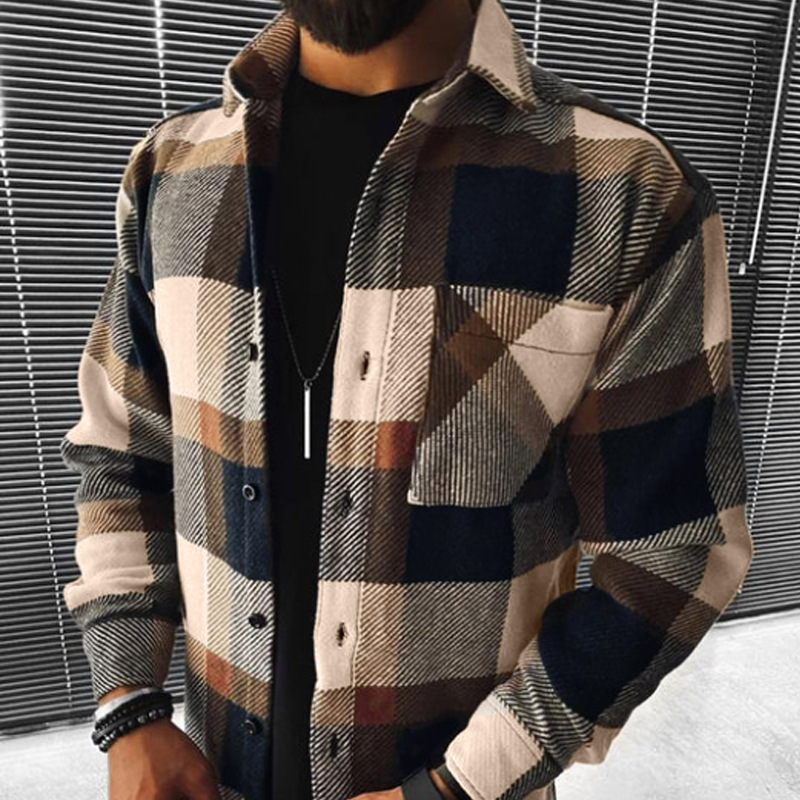 Cross-border European and American New 2021 Spring and Autumn New Long-sleeved Blue and White Long-sleeved Shirt Casual Collar Pocket Shirt for Men