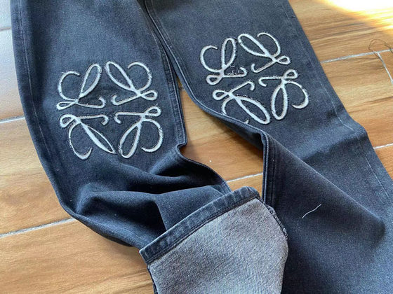 Autumn and winter new LOE with high waist Hollow Patch embroidered LOGO decoration casual dark blue straight tube denim pants