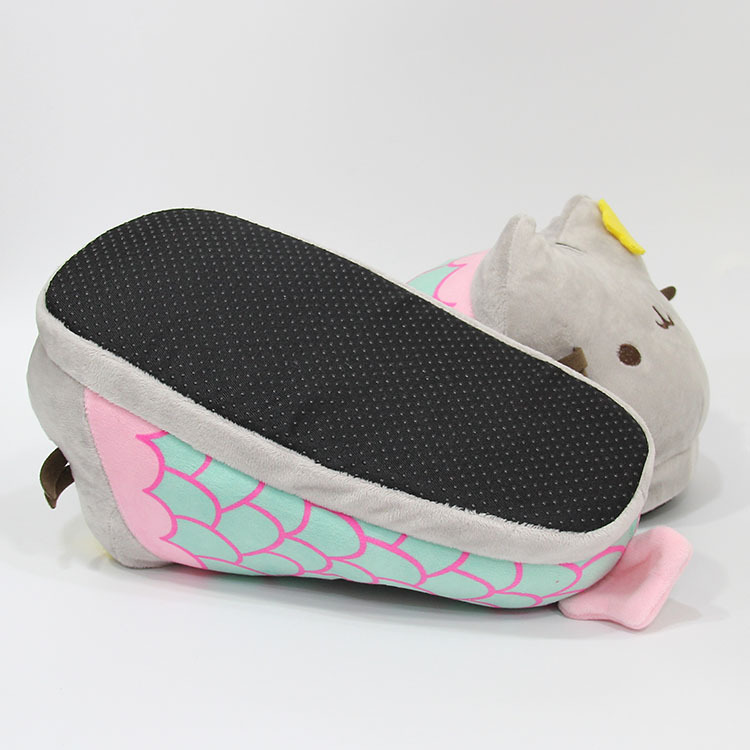 Pantoufles en peluche de dessin animé sirène gros chat gris, chaussures d'intérieur et d'hiver pour la maison, pantoufles en coton avec chat mignon, chaussures de lune pour femmes_voghion.com