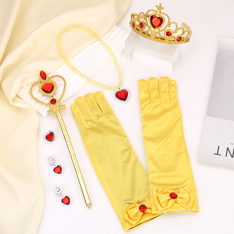Cross-border in stock Children's headdress three-piece Princess wig Aisha printed gloves Crown magic stick braid suit
