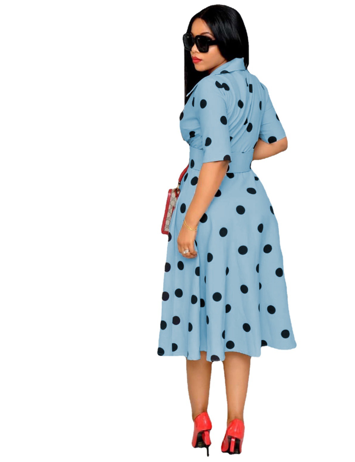 New women's clothing popular African dress suit collar wave point sleeve stitching large size large swing wide belt dress