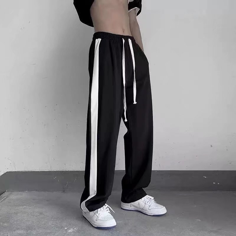 Side Stripe Contrast Cropped Casual Pants Men's Wide Leg Loose Straight Pants Korean Fashionable Student Sports Long Pants
