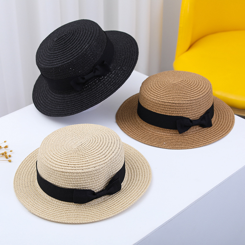 Summer British straw hat female children flat top breathable fresh bowler hat outdoor travel sun protection beach hat