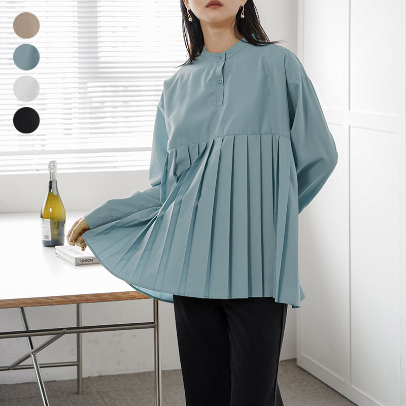 Japanese Letian new 4-color 2022 spring loose pleated shirt Women's Mid-length bottoming shirt Real shot