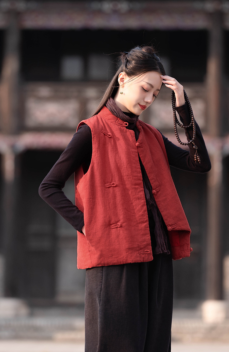 23 cotton and linen women's clothing New National style vintage buckle cotton vest top women's sand wash linen quilted warm vest_voghion.com
