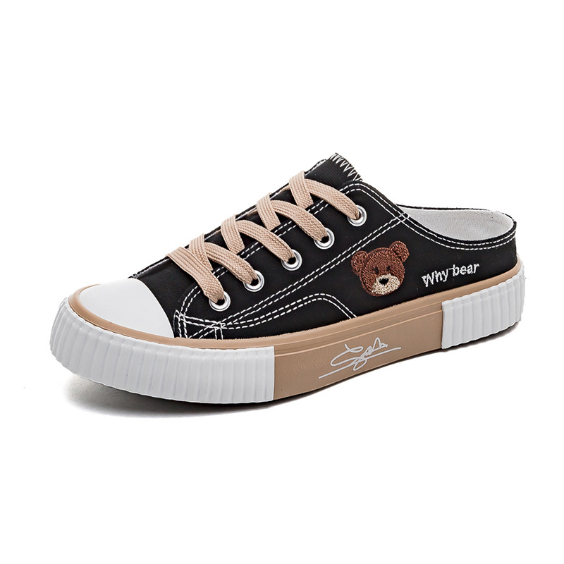 Bear Canvas Shoes Women's 2023 Summer New Low-top Casual Sneakers Flat Trendy Slippers All-match Half Slippers