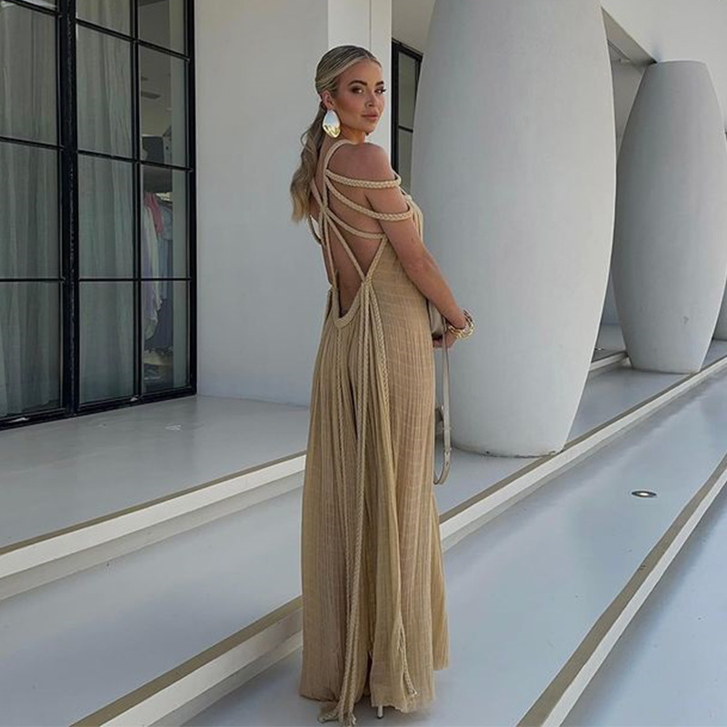 2024 new cross-border European and American spring women's long dress lace off-shoulder sexy halter loose holiday beach dress