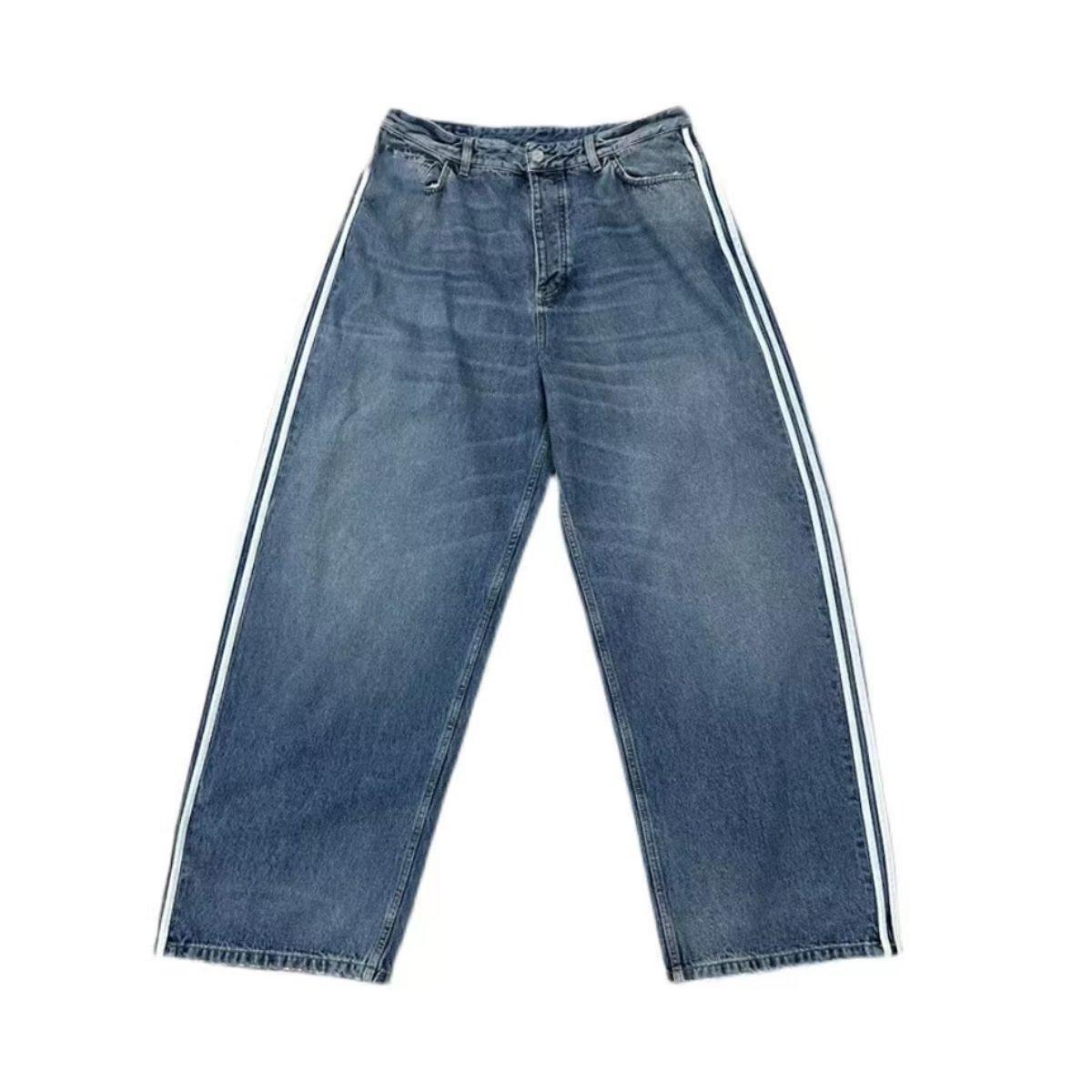 Spring 2023 New American Style Retro Three-Bar Washed Profile Blue Wide-Leg Straight Jeans for Men