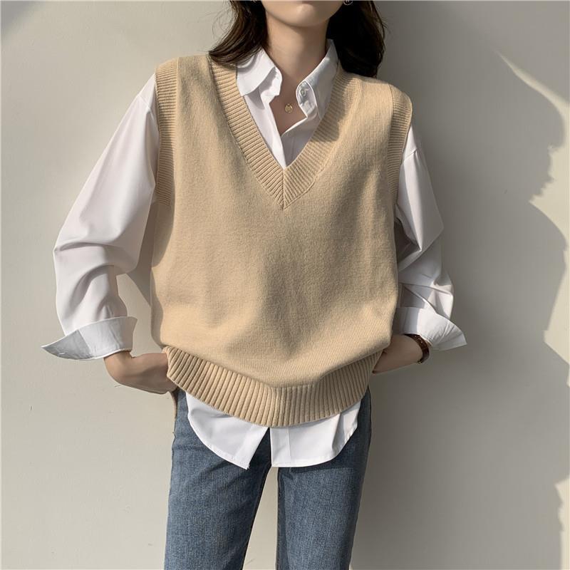 2024 Spring and Autumn New Loose All-match Lazy Style Pullover V-neck Vest Sleeveless Knitted Waistcoat Women's Sweater