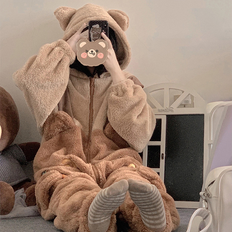 Winter Soft Girl Bear Pajamas Thickened Coral Fleece Cute One-piece Pajamas Girl's Cartoon ins Home Clothes Nightgown