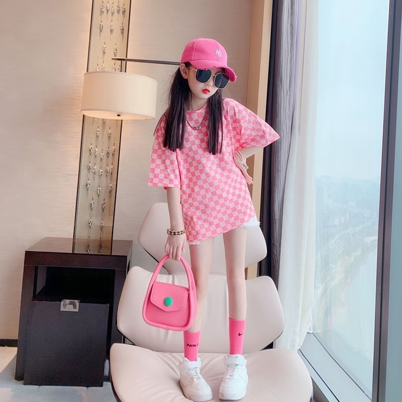 Children's Short Sleeve T-shirt Skirt for Girls, Large Kids Korean Style Fashion Summer Dress, Viral Medium-Length Skirt for Girls, Loose Top Summer Clothing