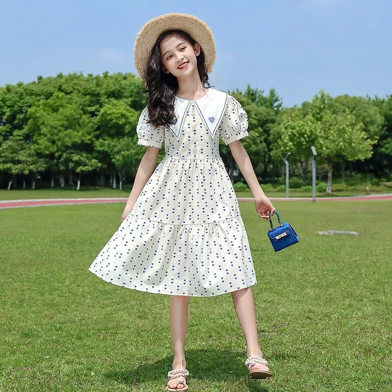 Girls' Summer Dress Stylish Children's Fashionable Girl's Princess Dress Puff Sleeve Mid-Big Children's Summer Floral Dress