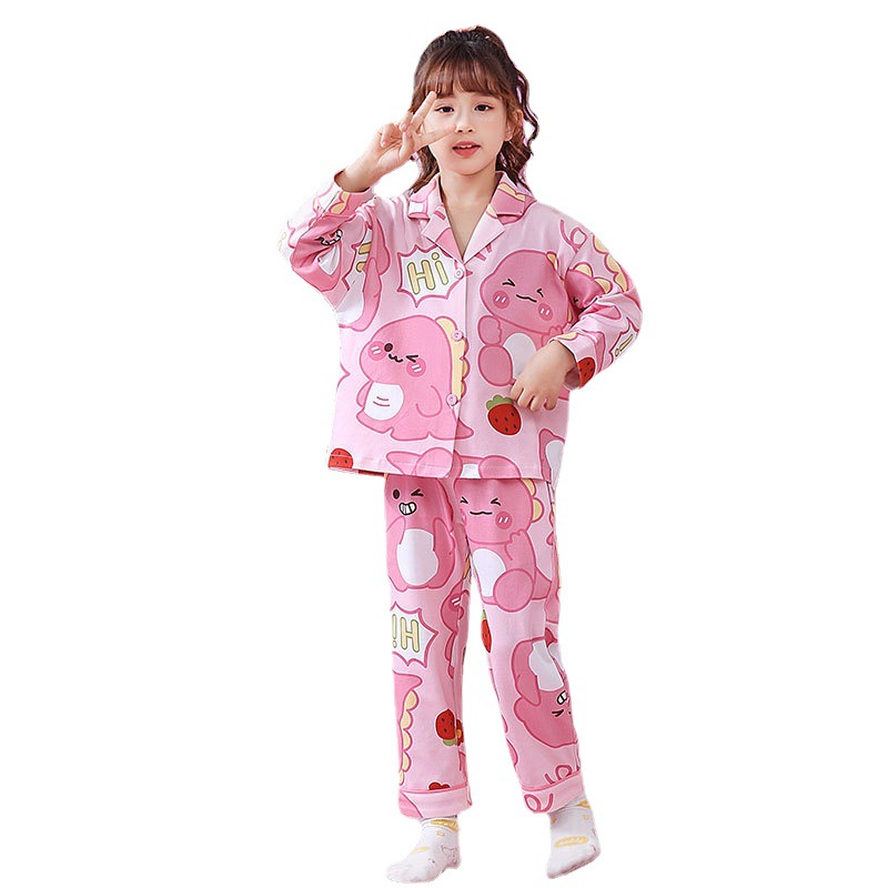 Children's Pajamas Girls Knitted Cotton 6535 Cardigan Lapel Long Sleeve Cartoon Casual Sweet Baby Home Clothes Set