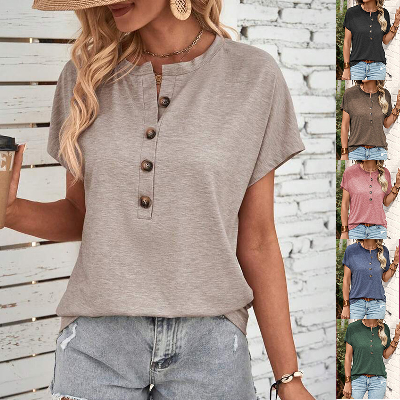 2023 spring and summer Foreign Trade women's clothing Amazon cross-border new European and American top solid color twist button fashion short sleeve t-shirt women