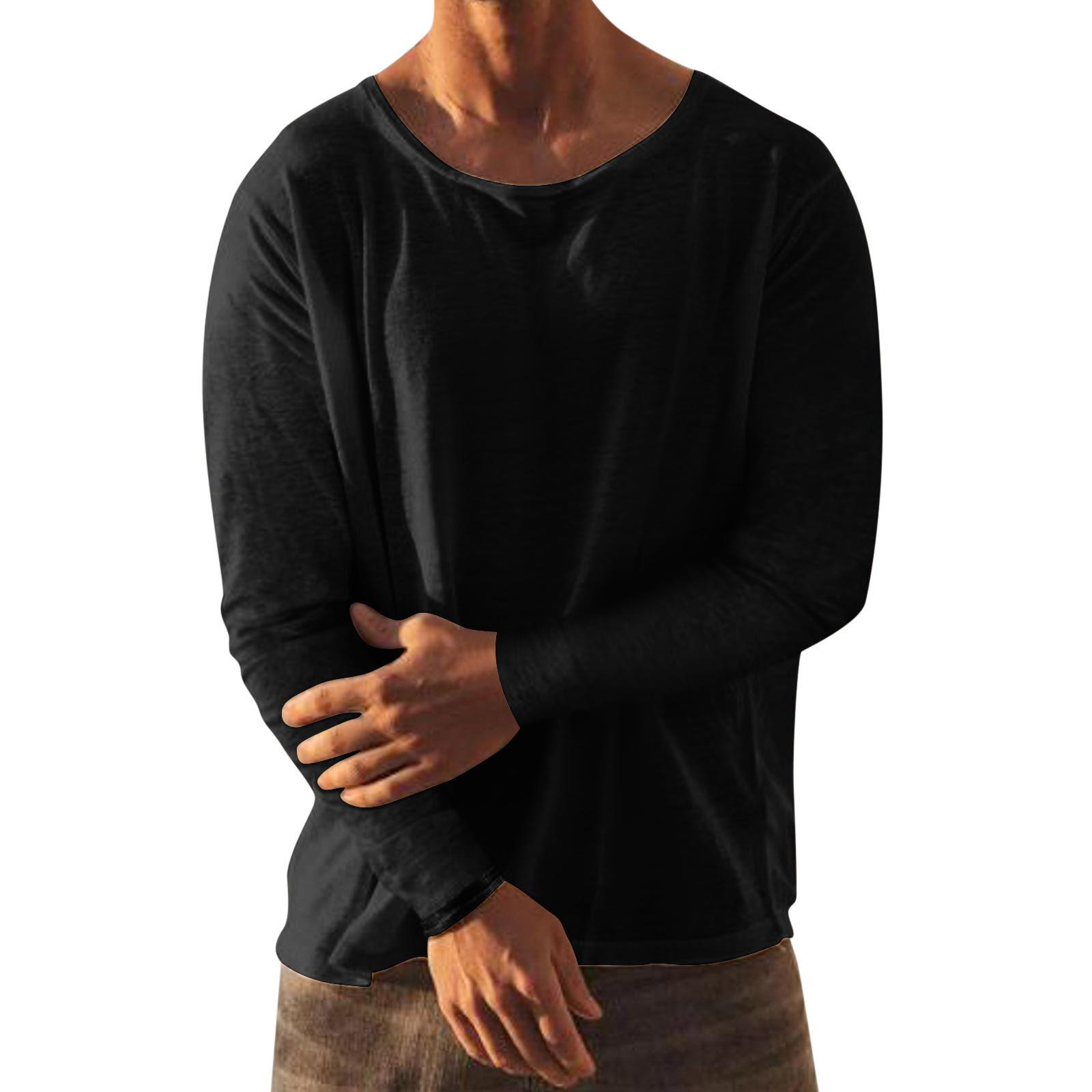 2023 Cross-border New Men's Casual Solid Color Round Neck Long Sleeve T-shirt