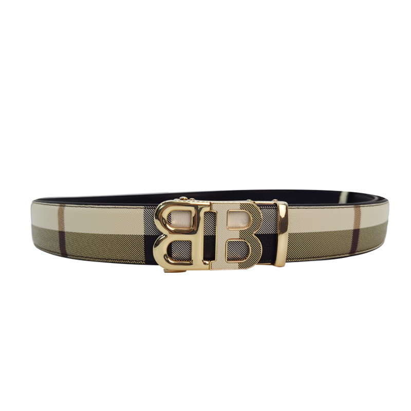 2023 Explosions Plaid Belt Factory Direct Selling Men's Belt Trendy Light Luxury Middle-aged and Young People's Belt Automatic Alphabet Buckle
