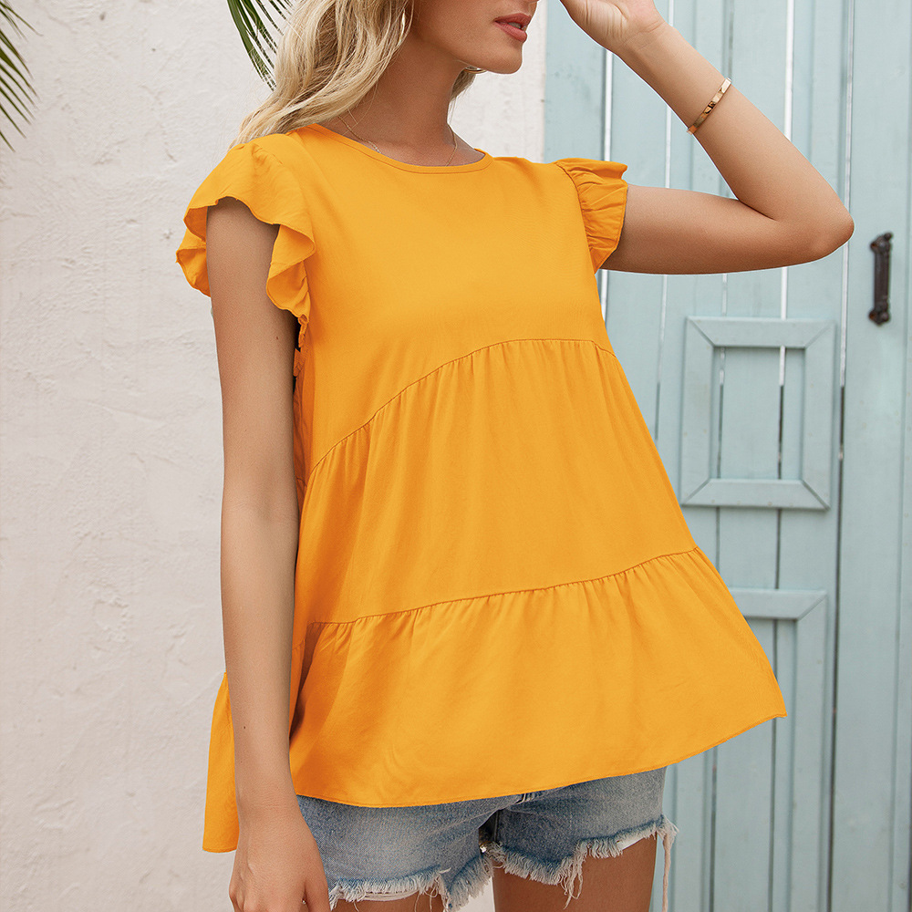 2023 Amazon wish Summer New Cross-border European and American Women's Loose Round Neck Ear Sleeve Short Sleeve Top for Women