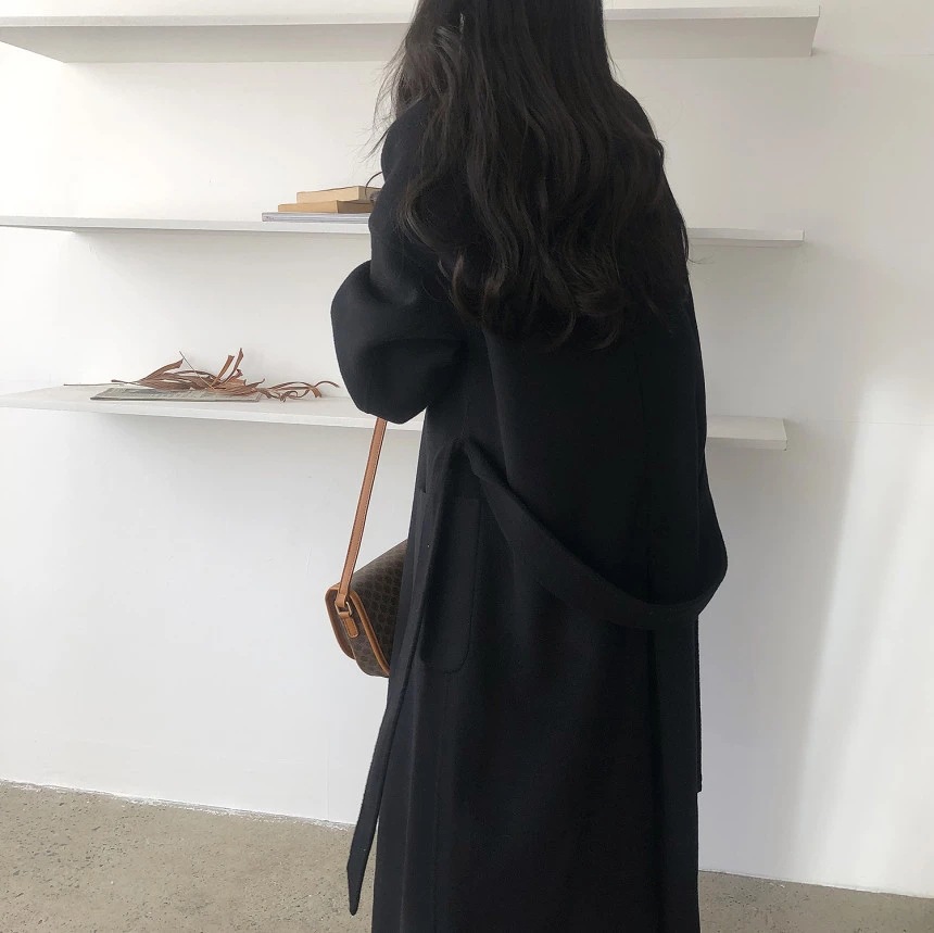 South Korea Dongdaemun 2023 autumn and winter New lace-up cashmere coat Women's Mid-length loose over-the-knee woolen coat_voghion.com