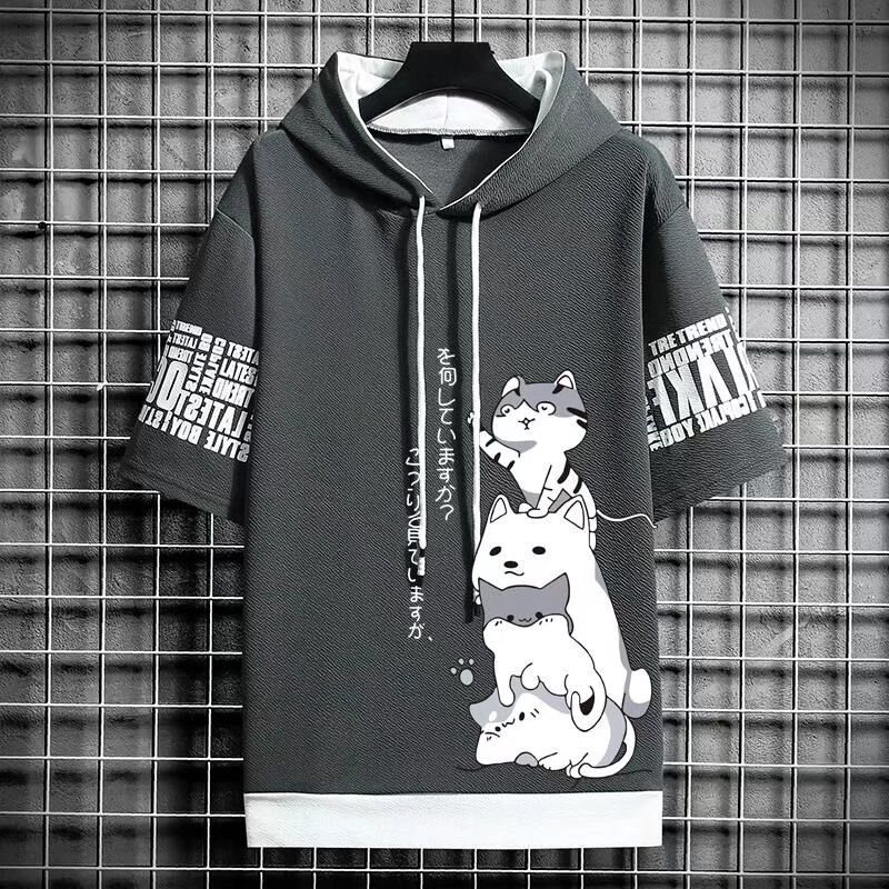 Summer men's casual all-match hooded cardigan quick-drying running Sports men's printed short-sleeved top