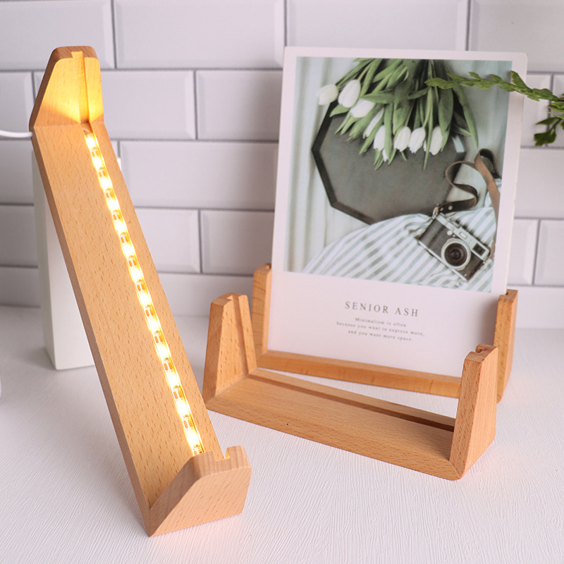 Wooden U-shaped luminous base display frame wooden frame base LED luminous acrylic bracket photo frame desk calendar lamp holder