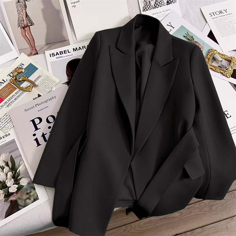 Black lace-up suit jacket for women 2024 autumn new design temperament Korean style casual trendy suit for women