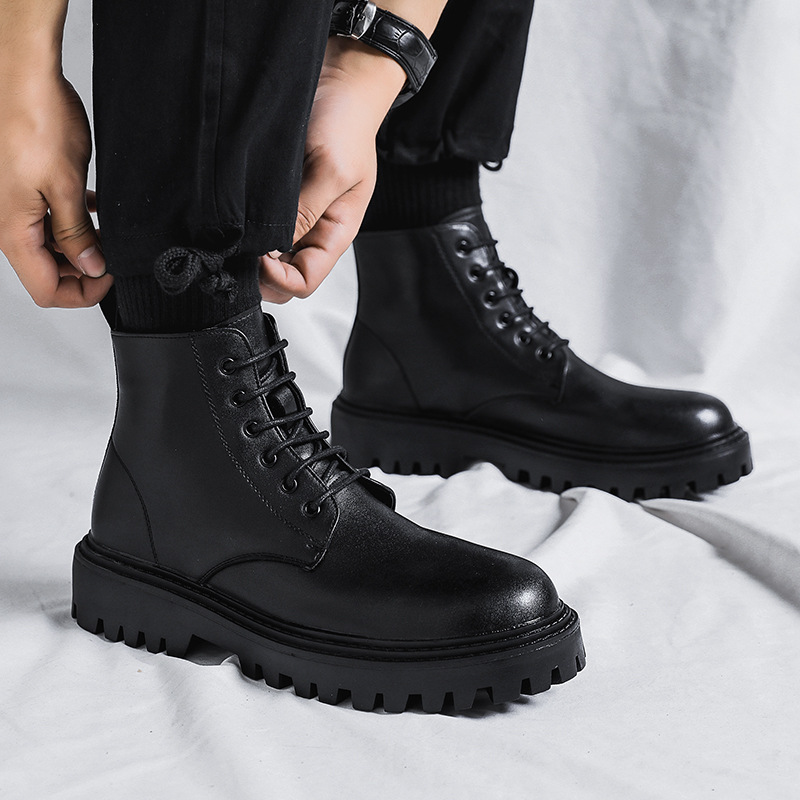 Internet Popular Martin Boots Men's High-top Trendy Spring and Autumn British Style Retro Mid-top Leather Shoes Heightened Black Leather Boots